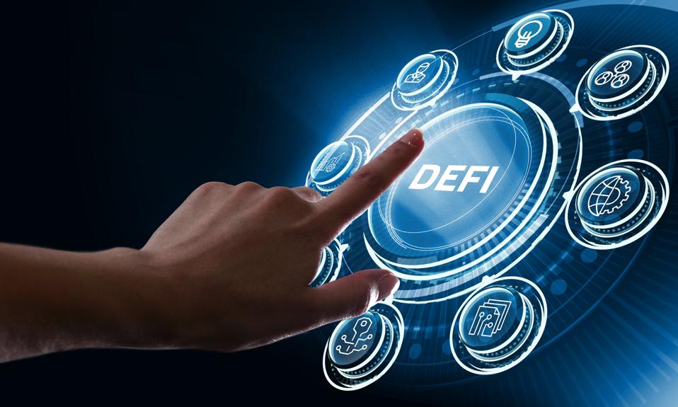DeFi -Decentralized Finance. Concept of blockchain, decentralized financial system