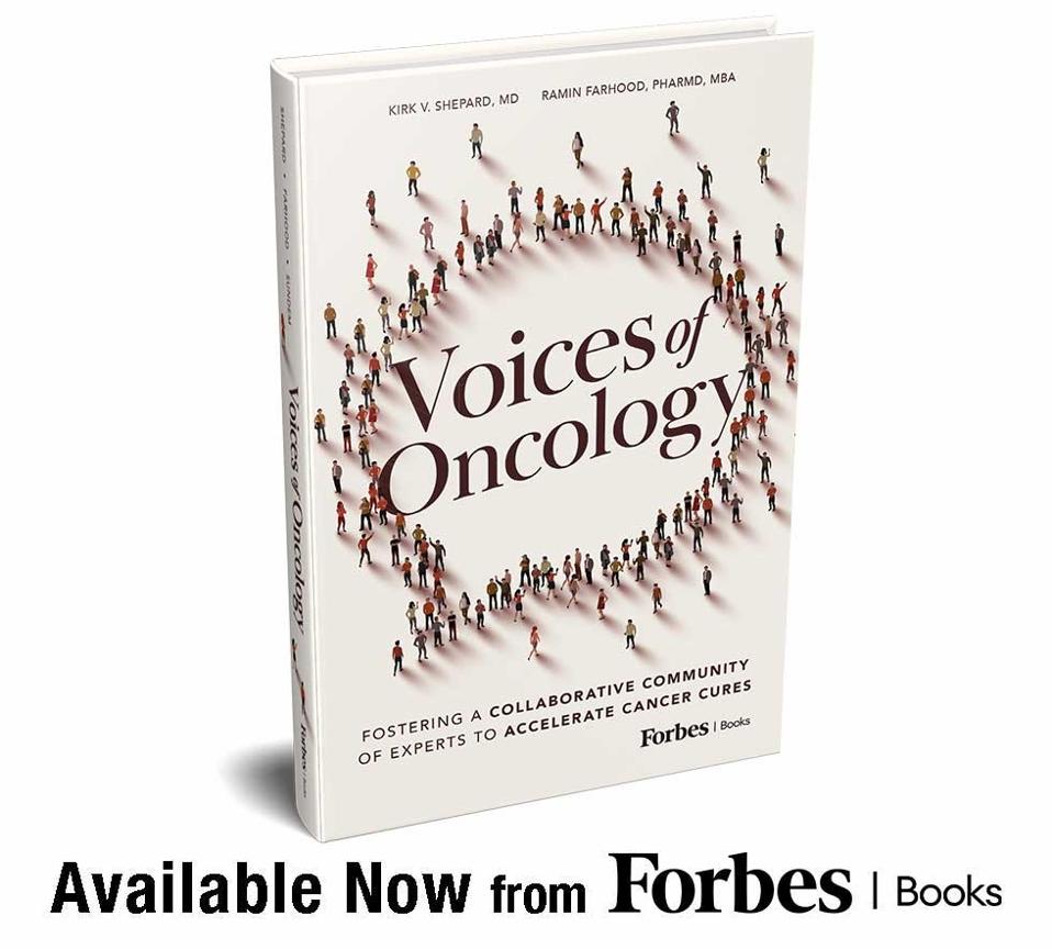 Voices of Oncology book cover; book launch announcement.