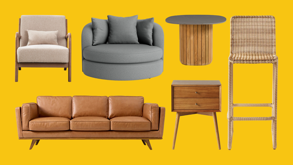 Collage featuring furniture from CB2, DWR, Article, Serena And Lily and more.