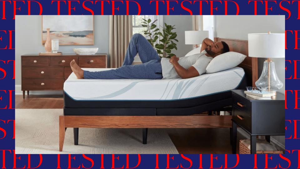A man lying on a Tempur-Adapt Mattress with a blue and red "tested" border