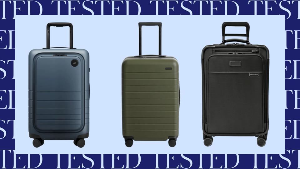 Three suitcases on a light blue background with a navy blue border
