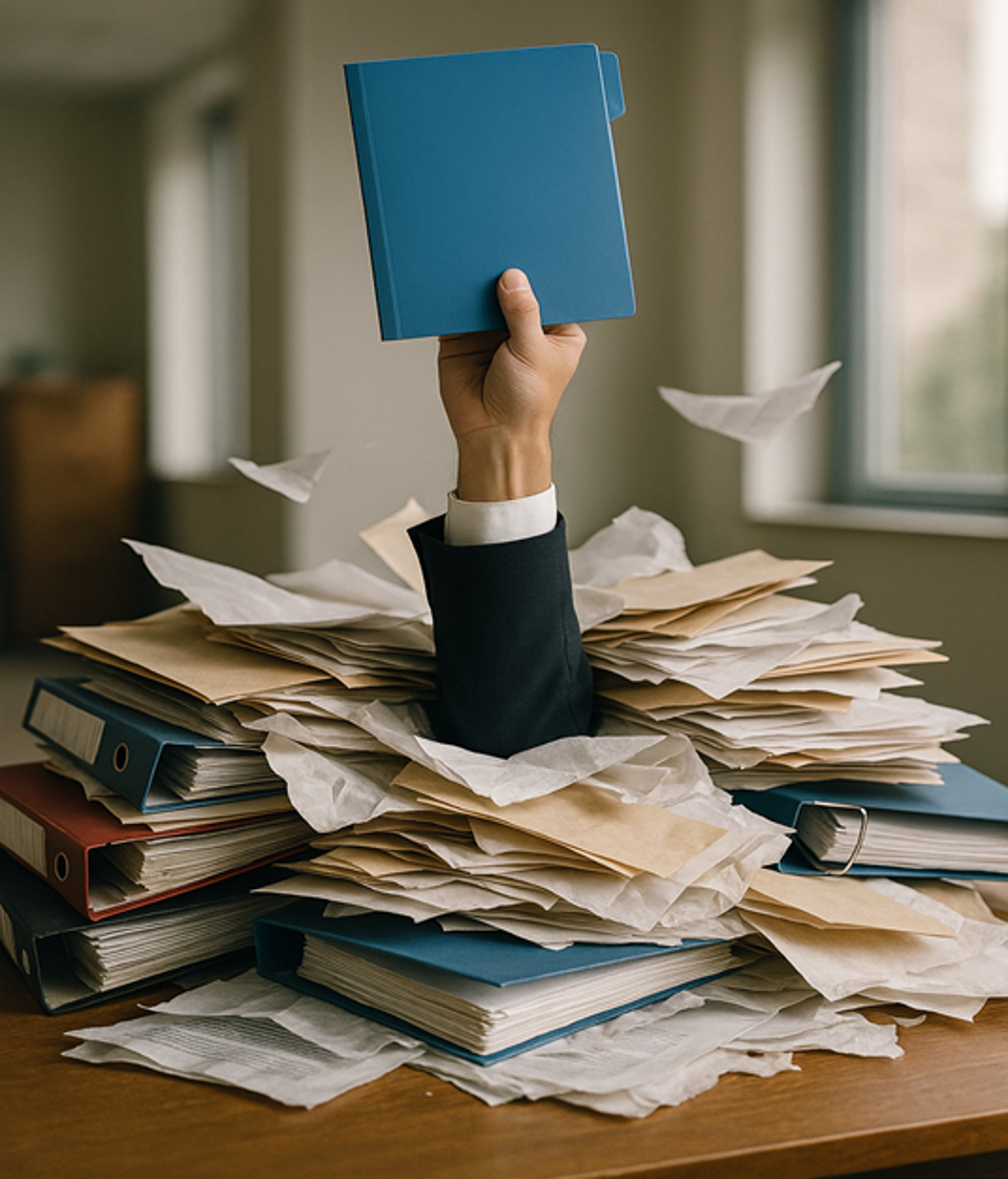 hand in pile of docs holding folder extending from a pile of documents