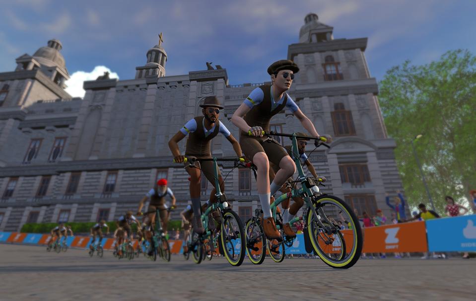 A screenshot from Zwift showing people riding Brompton bikes.