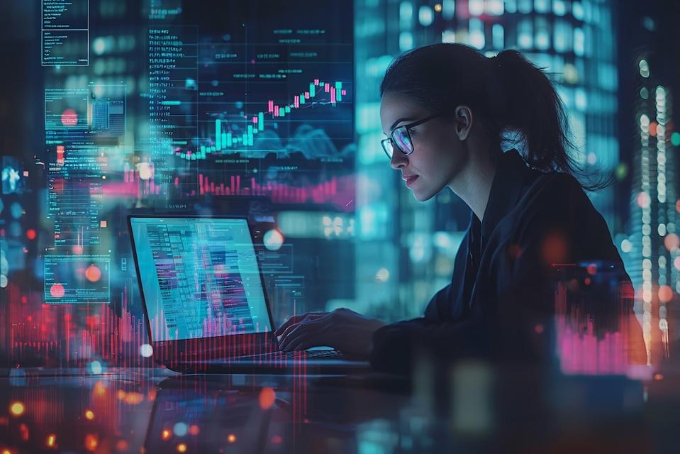 A businesswoman reviews data on her laptop amid charts and graphs in a modern office.