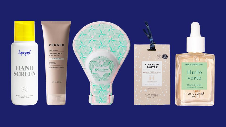 5 products for younger-looking hands on a blue background
