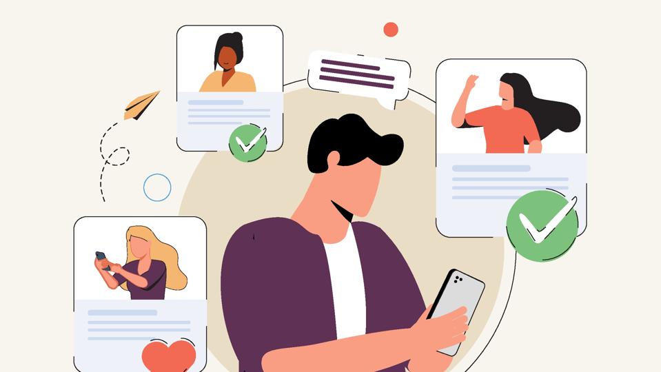 Young man looking for girlfriend through mobile phone dating app. Guy with smartphone chatting, flirting and liking.