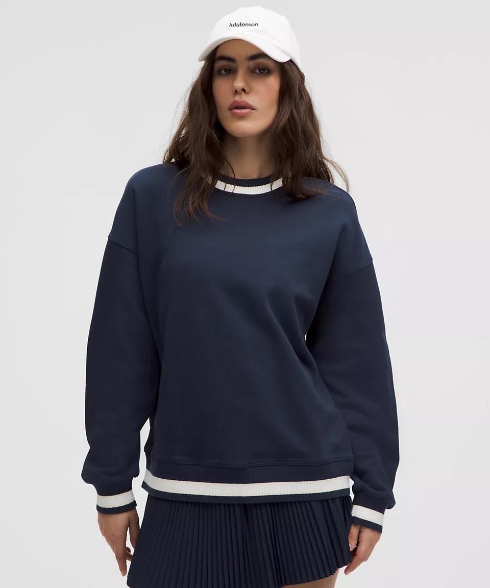 woman wearing a Perfectly Oversized Ringer Crew in Club Blue/Light Ivory 
