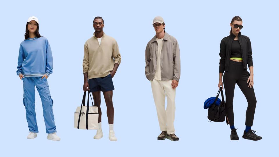 light blue background with four models featuring a variety of Lululemon clothing.