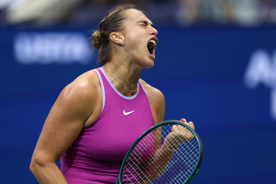 Aryna Sabalenka reacts after winning a rally with Jessica Pegula in the US Open semifinal.