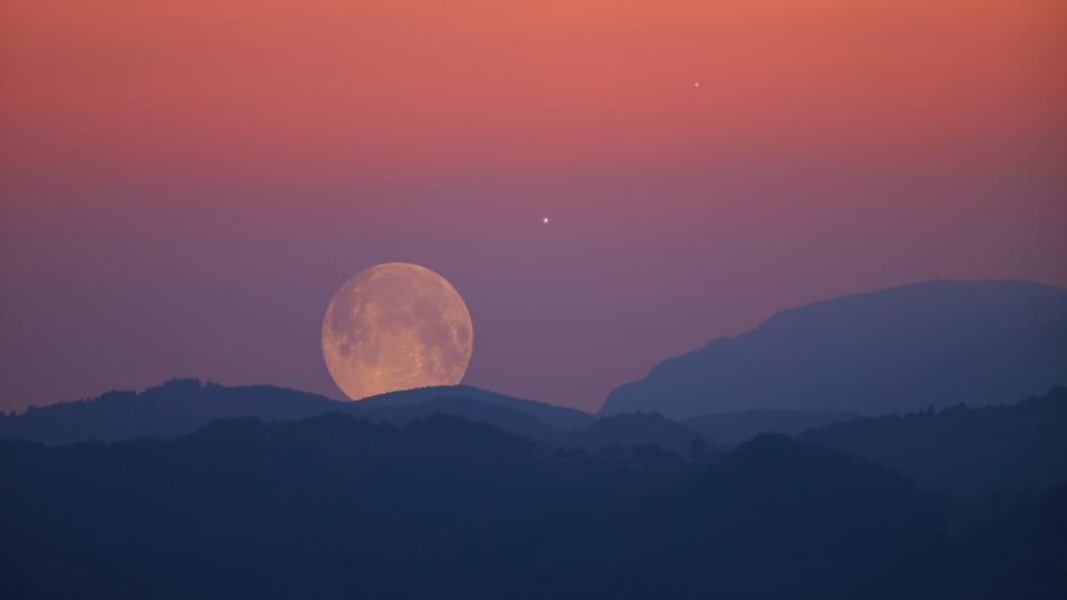 Full Moon, stars, planets and landscape scenery silhouettes.