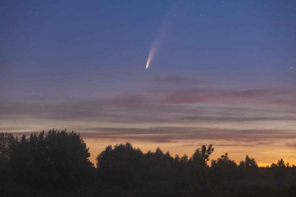 Comet Neowise C/2020 F3 at misty sunrise