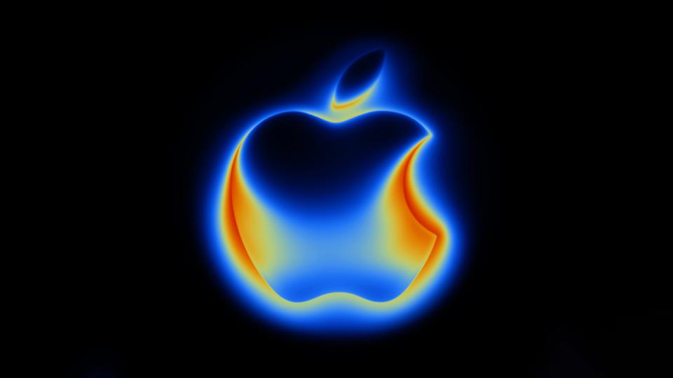 The Apple logo on a black illustrative background