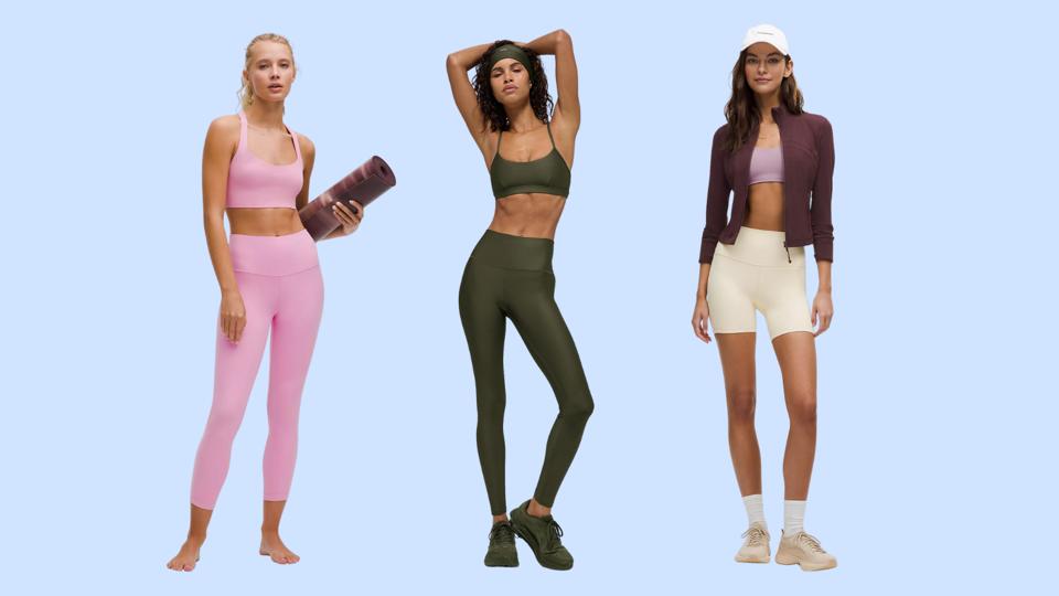 Three models wearing apparel from Alo and Lululemon against a light blue background.