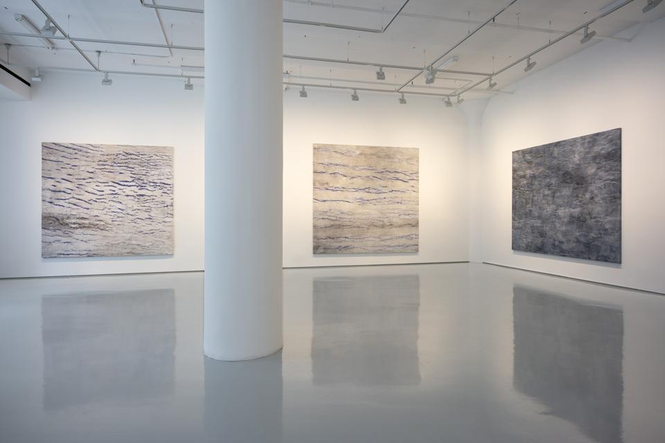 Installation view 'Kathleen Jacobs: Woods of Symbols' abstract paintings from tree rubbing
