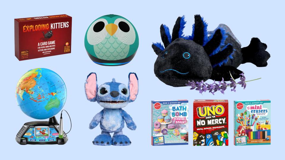 Globe, Stitch toy, craft kits, games and other gifts for 7-year-olds on a blue background