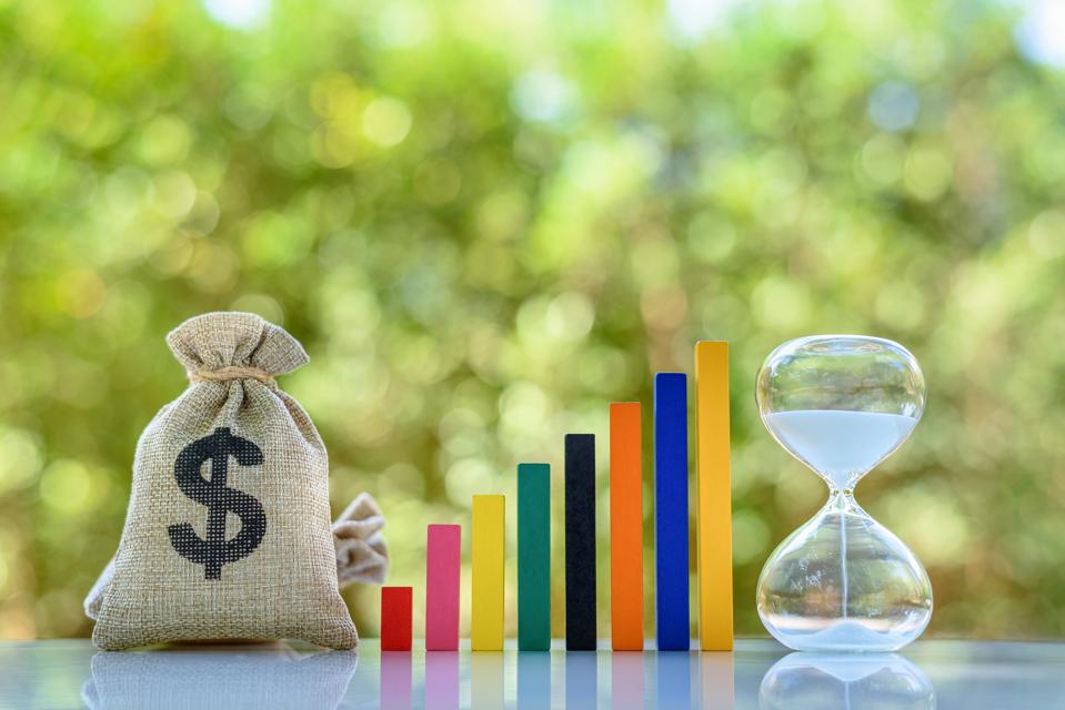 US dollar bag, rising bar graph, with hourglass