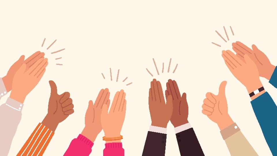 Human hands clapping. People crowd applaud to congratulate success job. Hand thumbs up. Business team cheering and ovation vector concept