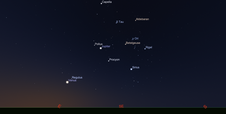 Looking east and south 45 minutes before sunrise on Monday, Sept. 22, 2025. Venus and Jupiter are shown here. Saturn is farther to the right in the southwest sky. 