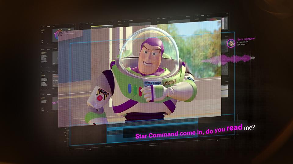 Screenshot Toy Story showing Buzz Lightyear withcolored captions underneath