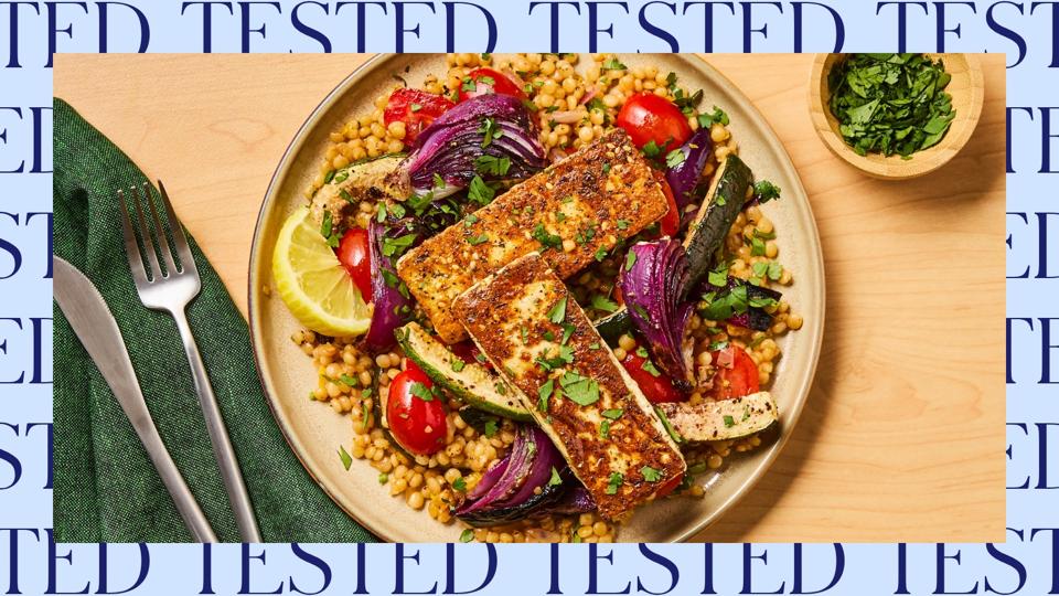 A meal from the best meal kit delivery service with fish on a bed of couscous