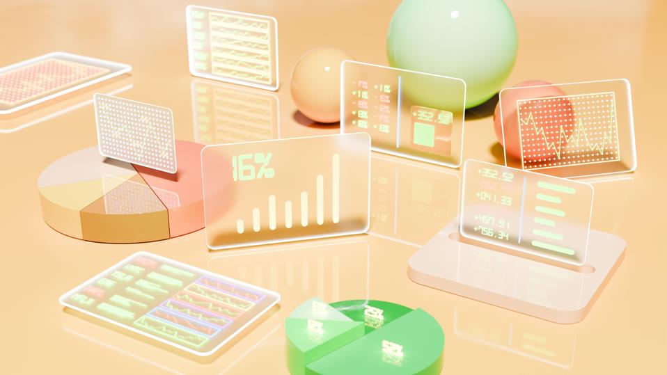 Conceptual image of glowing futuristic spheres, graphs and pie charts, visualizing fintech.