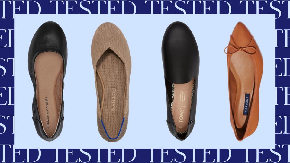 Four flat shoes on a light blue background with a dark blue and light blue border.
