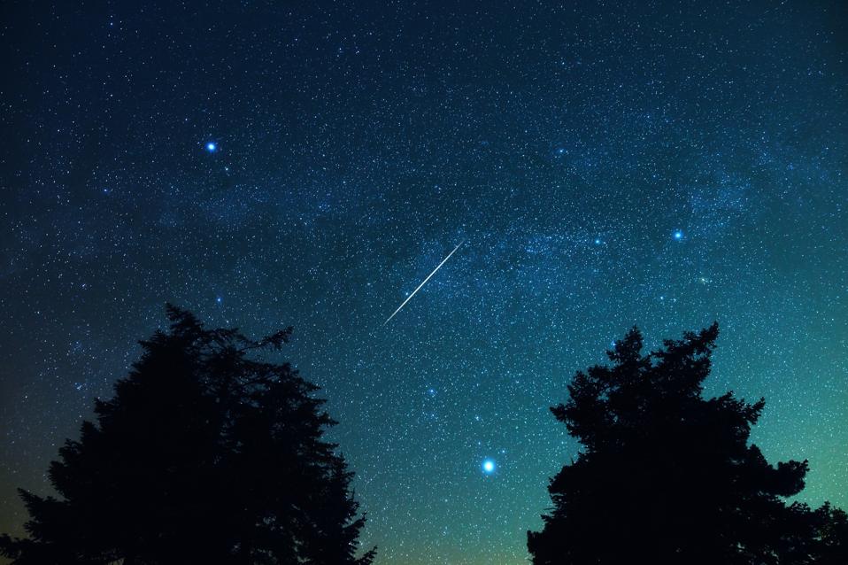 Milky Way stars with meteor shower trails and countryside tree silhouettes.