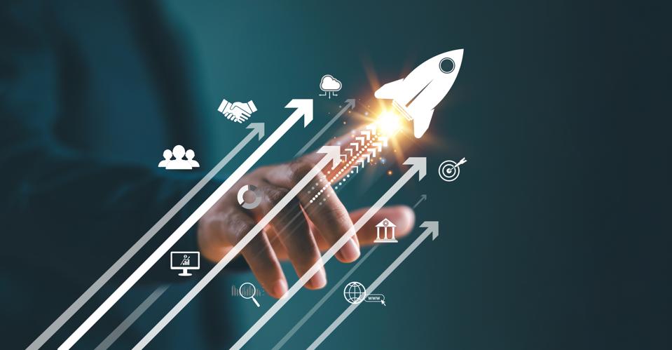 Growth Strategy Business Trend Concept. Businessman Hand to the arrow investment icon. Increase sales marketing, increase the potential of success, riches to wealth. Competitive business target plan