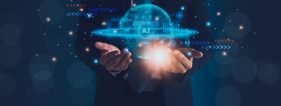 Concept futuristic innovation,technology,internet of Things,businessman holding earth holographic interface screen display to analyze,using artificial intelligence or AI system,banner header,panoramic