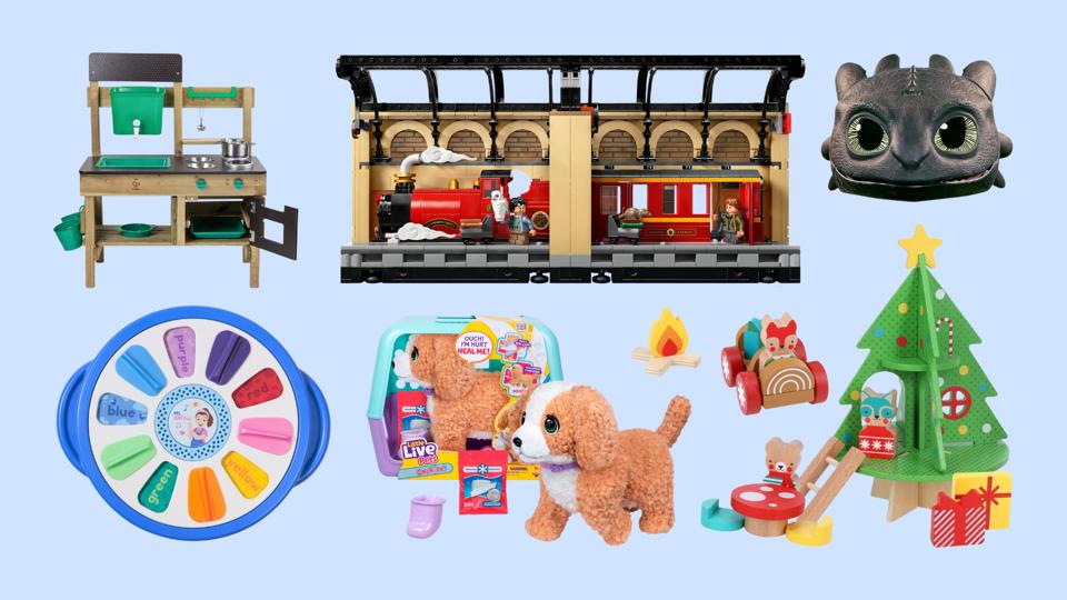 six of the most popular holiday toys of 2025 on a light blue background