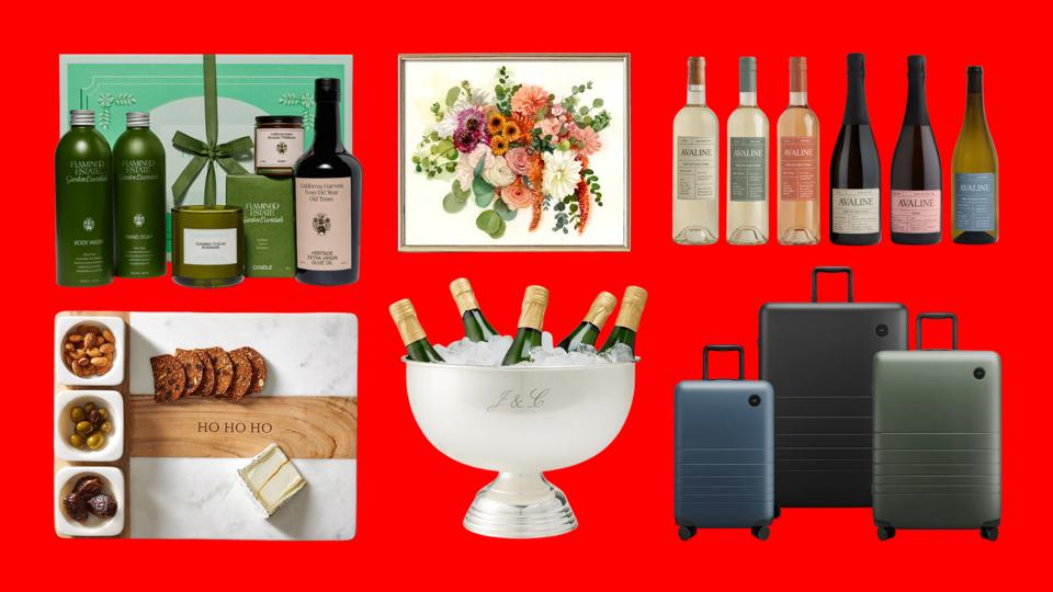 A collage of gifts including a custom watercolor painting and a luggage set.