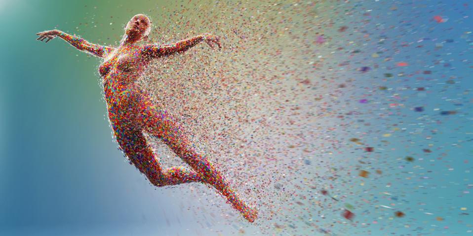 Multi-Coloured Squares Coming Together to Form Abstract Graceful Female Figure