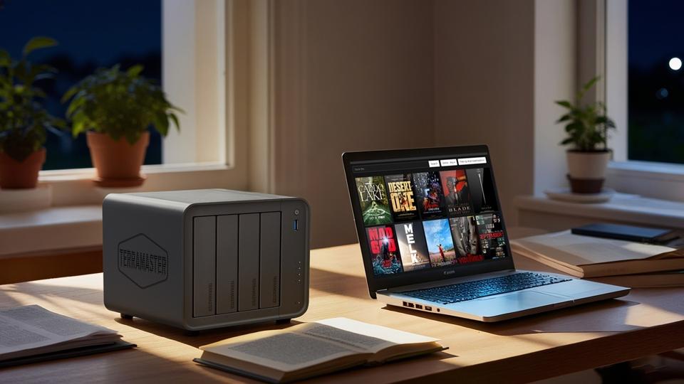 TerraMaster F4-425 on desk with laptop