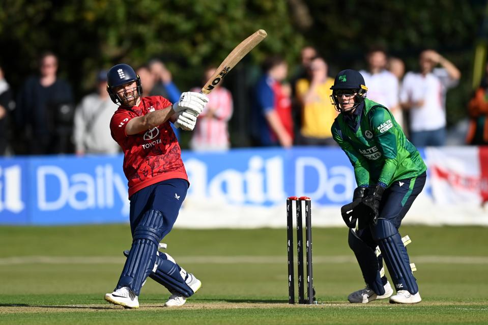 England's Phil Salt clubs another six during the T20 victory over Ireland at Malahide.