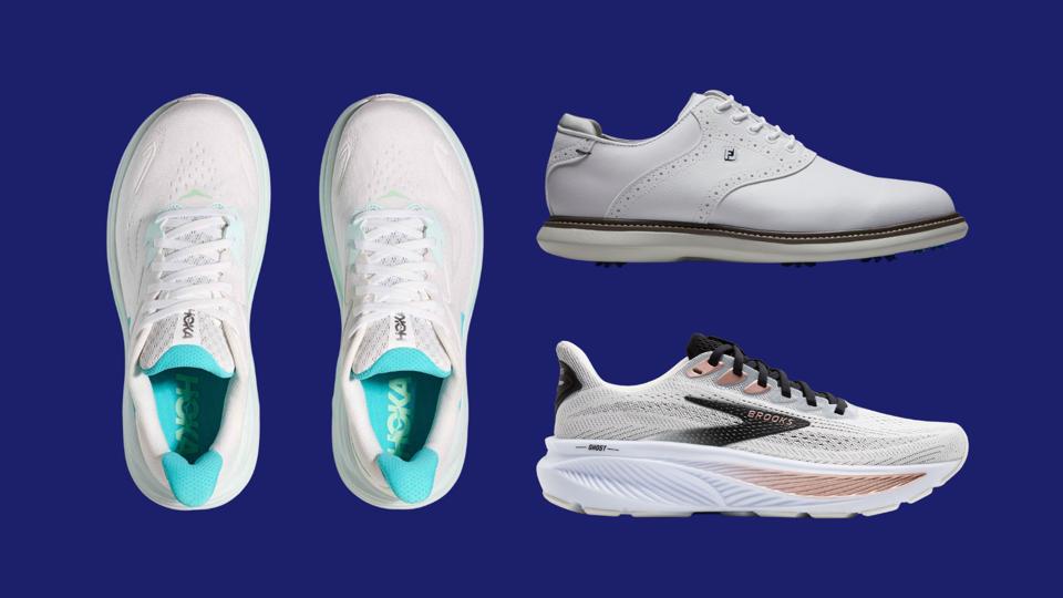 Three different shoes for wide feet on a dark blue background