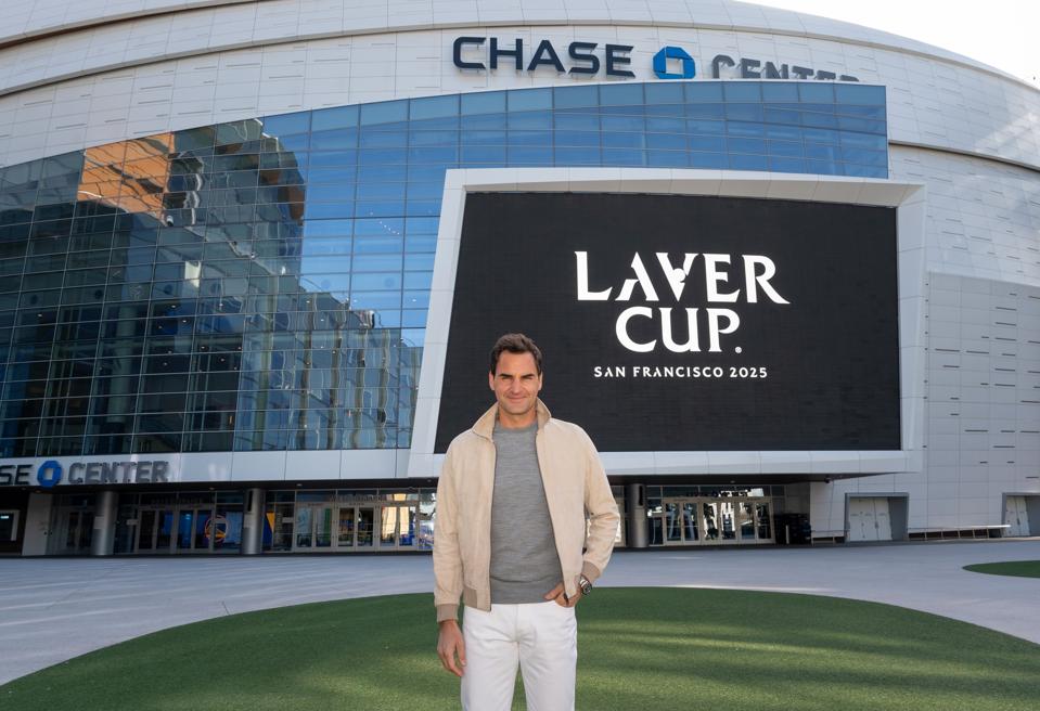 Roger Federer stands outside the Chase Center for the Laver Cup San Francisco launch.