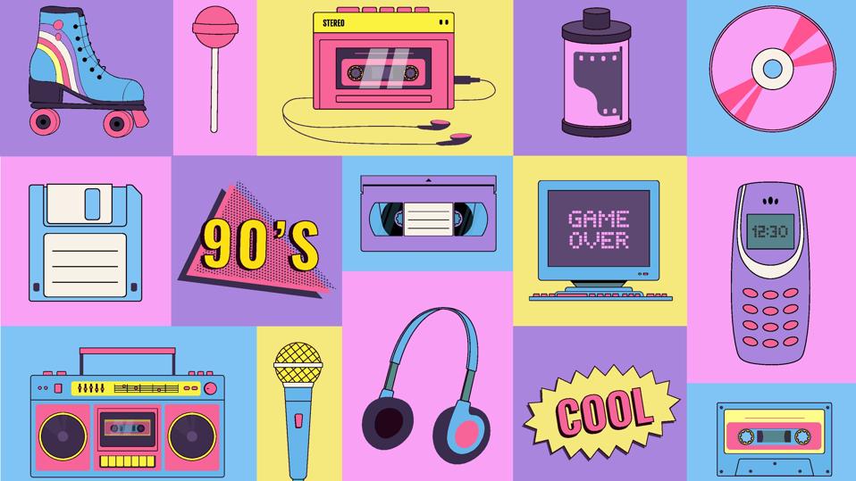 Collection of 90s elements: old pc, phone, audio player, cassette, CD, microphone, headphones, floppy disk, roller skate.
