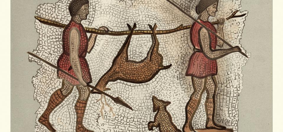 Ancient roman mosaic, hunters returning with a deer