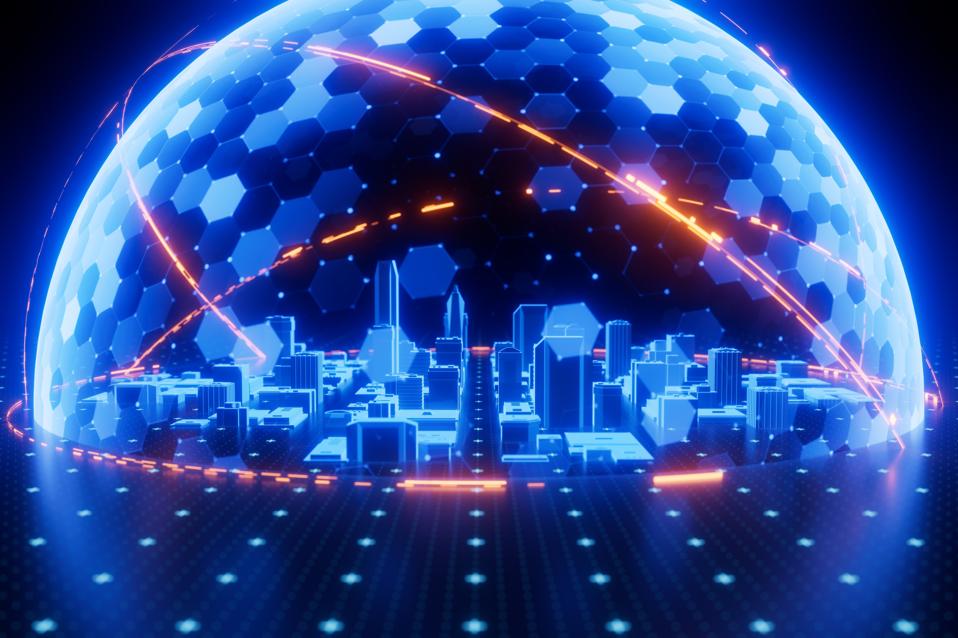Futuristic city protected by digital dome.