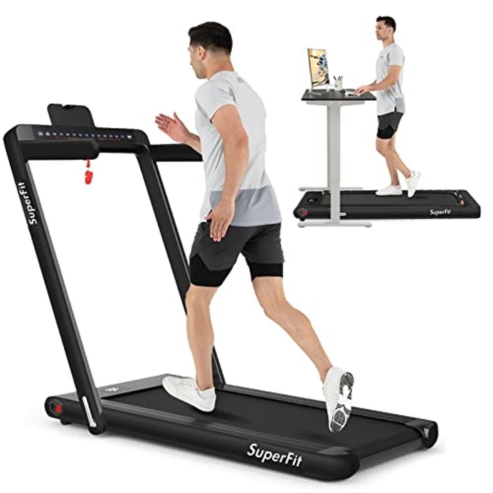 Two pics, one man running on a Goplus 2 in 1 Folding Treadmill and another at a desk.