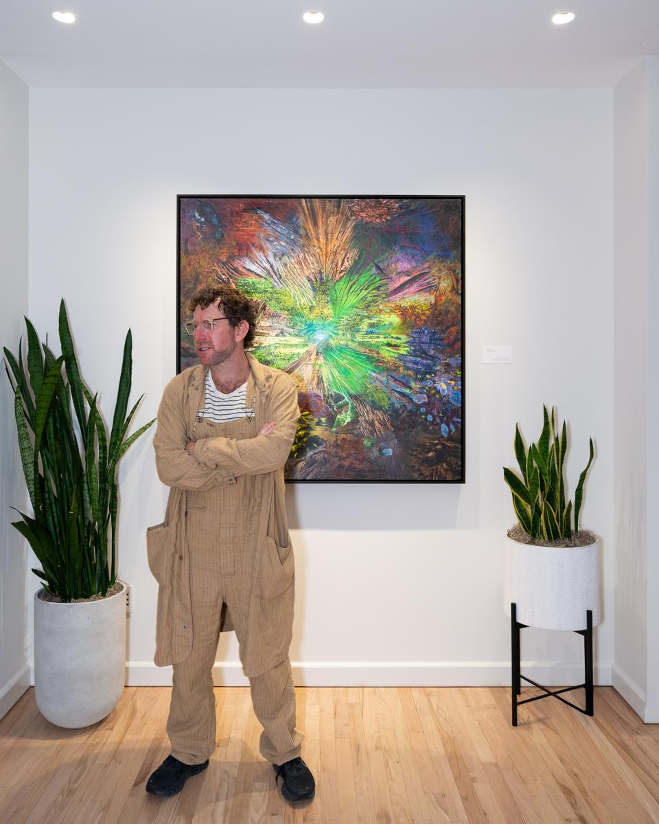 Dustin Yellin in front of Werner’s Crater (2025) at Lutron in New York