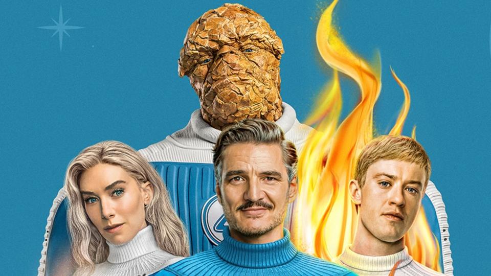 "The Fantastic Four: First Steps" partial poster featuring Vanessa Kirby, Ebon Moss-Bachrach, Pedro Pascal and Joseph Quinn.
