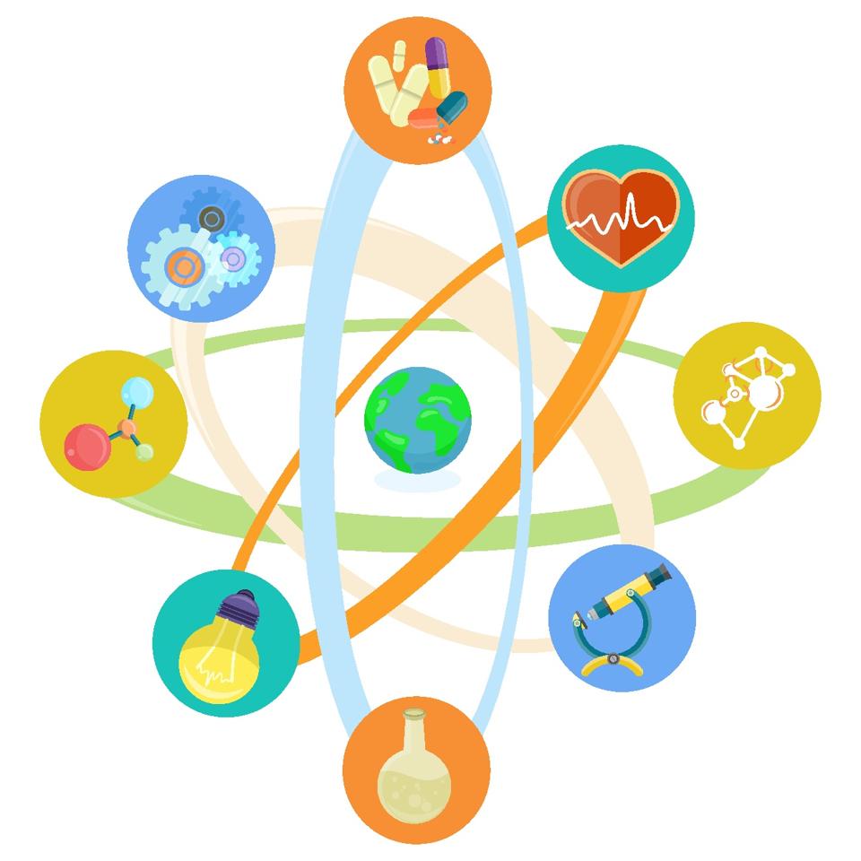 Science Themed Icons Placed in Atomic Model Set