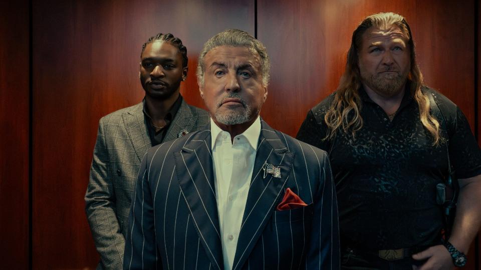 Jay Will, Sylvester Stallone and Mike Walden in "Tulsa King" Season 3.