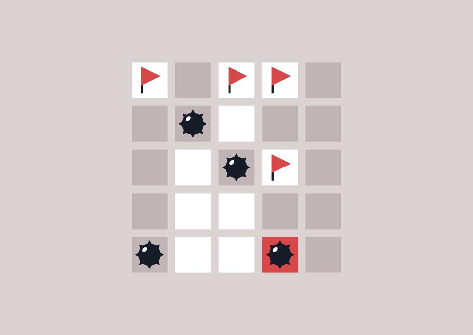 A minefield game, red flags and black mines