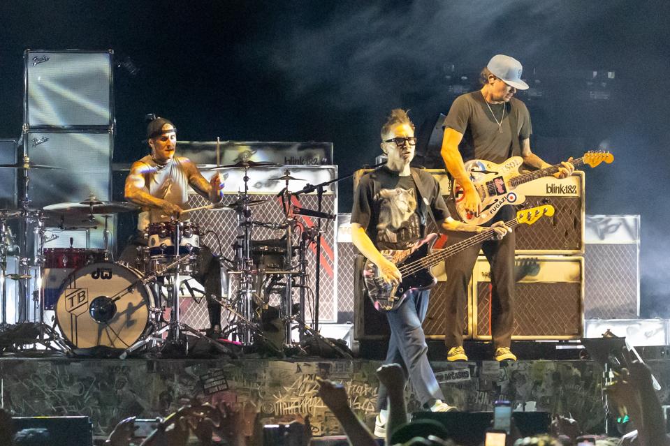 (Left to right) Travis Barker, Tom DeLonge and Mark Hoppus perform on stage with Blink-182 on day one at Riot Fest. Friday, September 19, 2025 at Douglass Park in Chicago, IL (Photo by Ethan Chivari)