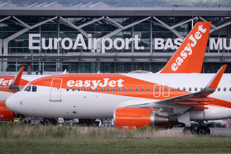 Aircraft belonging to low-cost airline easyJet parked at the EuroAirport, in Basel-Mulhouse-Freiburg, Saint-Louis, eastern France, on September 2 2025.