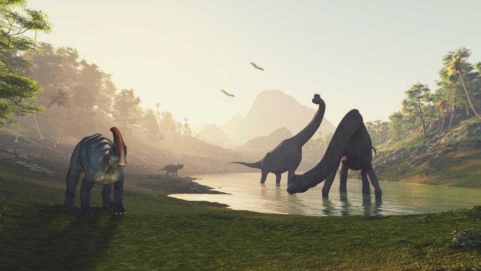 Illustration of dinosaurs in a valley.