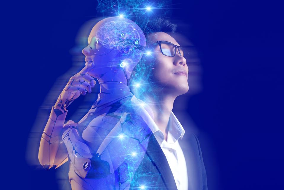 Business leader and artificial intelligence meshing together.