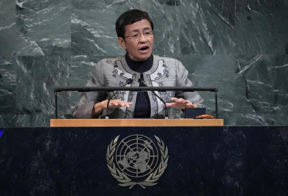 Maria Ressa speaks at the UN General Assembly in NYC.